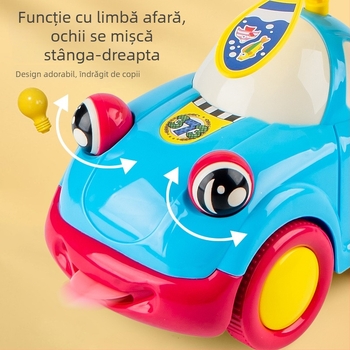 Mașinuță de jucărie trasabilă pentru copii, cu tijă din două secțiuni, claxon și ochi mobili; construcție din plastic; ambalată într-o pungă; pentru 4–6 ani.