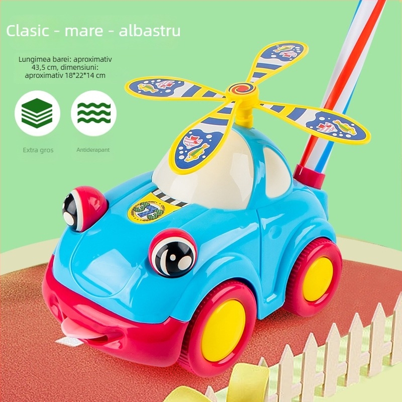 Mașinuță de jucărie trasabilă pentru copii, cu tijă din două secțiuni, claxon și ochi mobili; construcție din plastic; ambalată într-o pungă; pentru 4–6 ani.