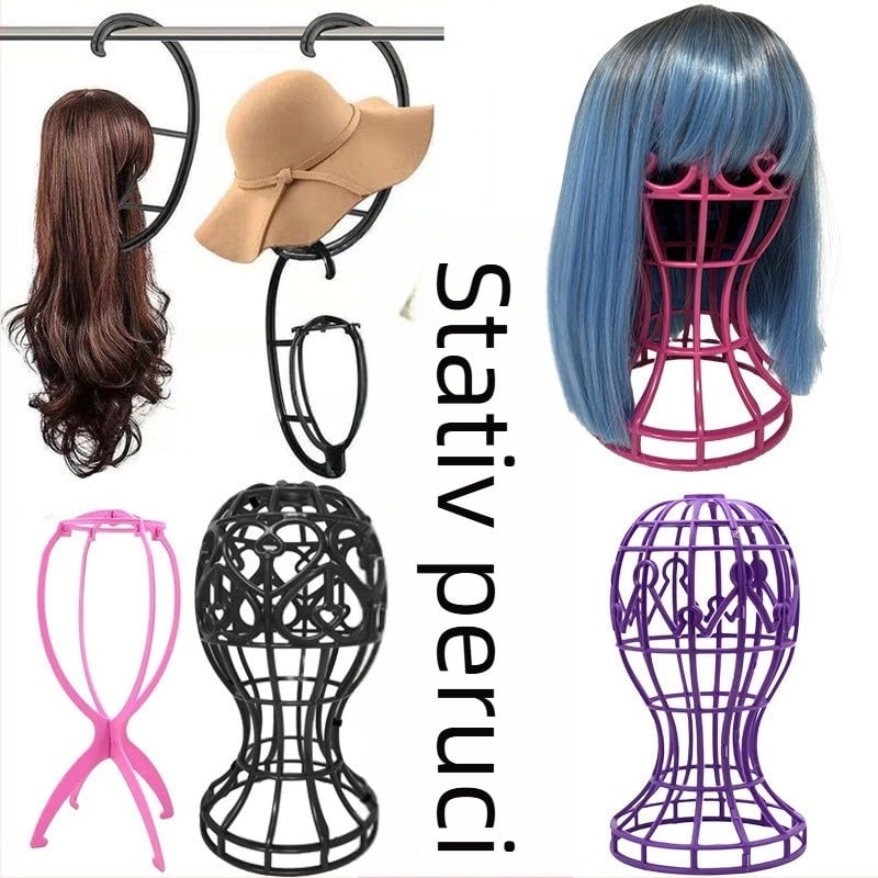 Stativ pentru peruci cu matriță de cap din două părți și cadru de susținere dublu, pentru depozitare, agățare și uscare peruci și pălării