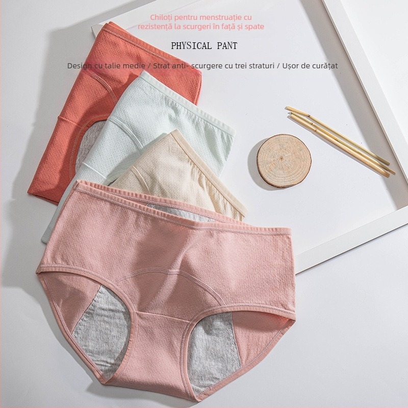 Chiloți de menstruație pentru femei, talie medie, bumbac, respirabili, protecție împotriva scurgerilor, căptușeală 100% bumbac, pentru toate anotimpurile