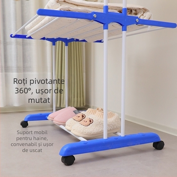 Uscător de haine pe podea din fier, cu bare duble, pliabil și extensibil, design minimalist modern