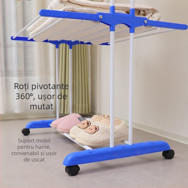 Uscător de haine pe podea din fier, cu bare duble, pliabil și extensibil, design minimalist modern