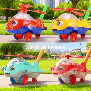 Walker de împins și învățare – temă avion, antialunecare, sonerie, din plastic, pentru copii 0–3 ani, exterior