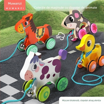 Jucărie de tras din lemn pentru copii, cu design animal de desene animate, 4–6 ani; material lemn; marcă Big hand in small hand; dezvoltă coordonarea mână-ochi
