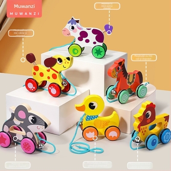 Jucărie de tras din lemn pentru copii, cu design animal de desene animate, 4–6 ani; material lemn; marcă Big hand in small hand; dezvoltă coordonarea mână-ochi