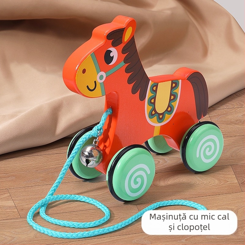 Jucărie de tras din lemn pentru copii, cu design animal de desene animate, 4–6 ani; material lemn; marcă Big hand in small hand; dezvoltă coordonarea mână-ochi
