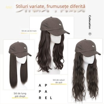Perucă cu șapcă pentru femei, păr lung drept — șapcă integrată, breton drept, păr din fibre de mătase termică, necolorabilă