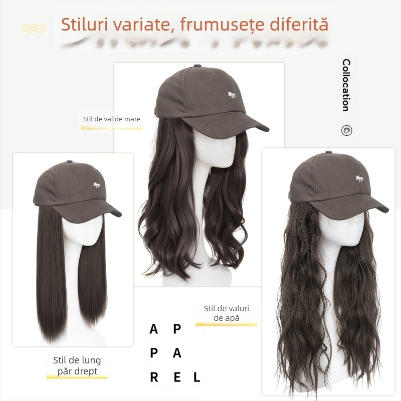 Perucă cu șapcă pentru femei, păr lung drept — șapcă integrată, breton drept, păr din fibre de mătase termică, necolorabilă