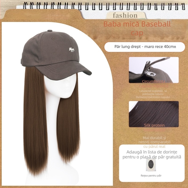 Perucă cu șapcă pentru femei, păr lung drept — șapcă integrată, breton drept, păr din fibre de mătase termică, necolorabilă