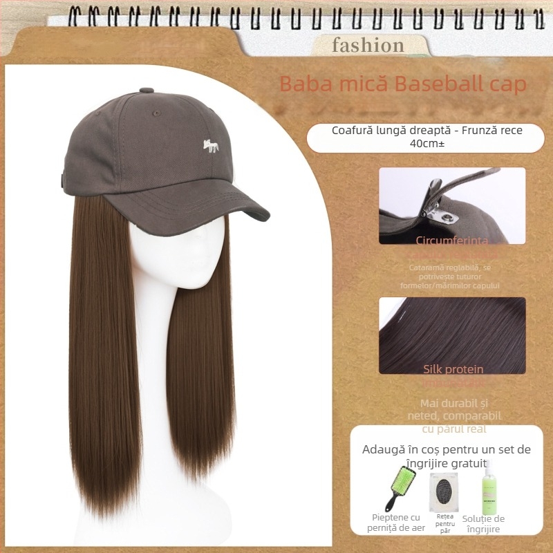 Perucă cu șapcă pentru femei, păr lung drept — șapcă integrată, breton drept, păr din fibre de mătase termică, necolorabilă