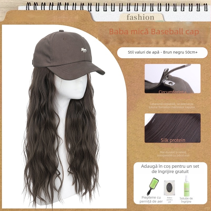 Perucă cu șapcă pentru femei, păr lung drept — șapcă integrată, breton drept, păr din fibre de mătase termică, necolorabilă