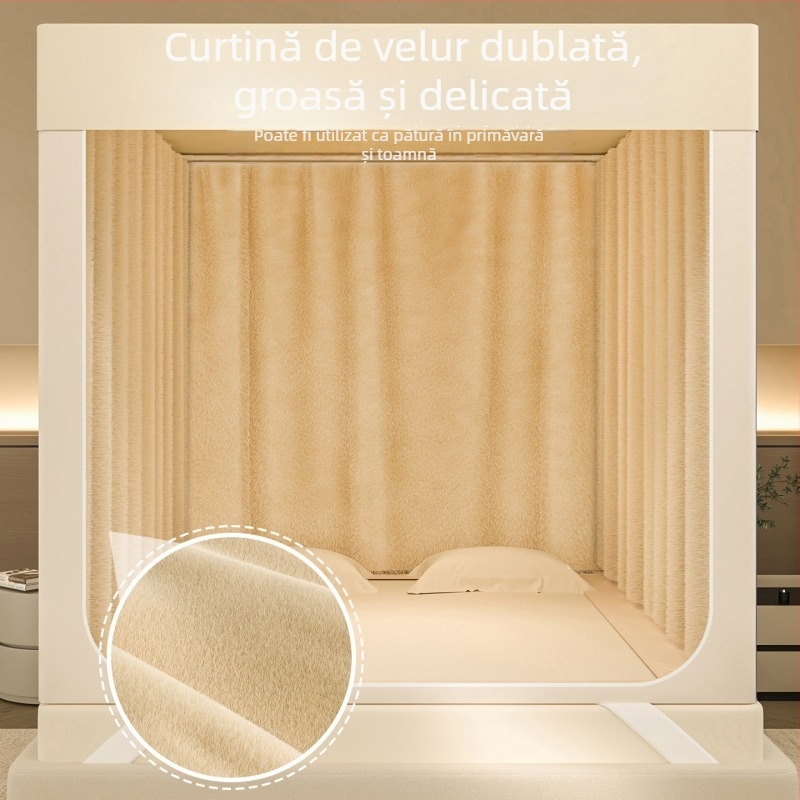 Canopă pentru pat cu plasă anti țânțari, cu trei uși, plasă pătrată cu fermoar, material poliester, cadru din oțel carbon vopsit