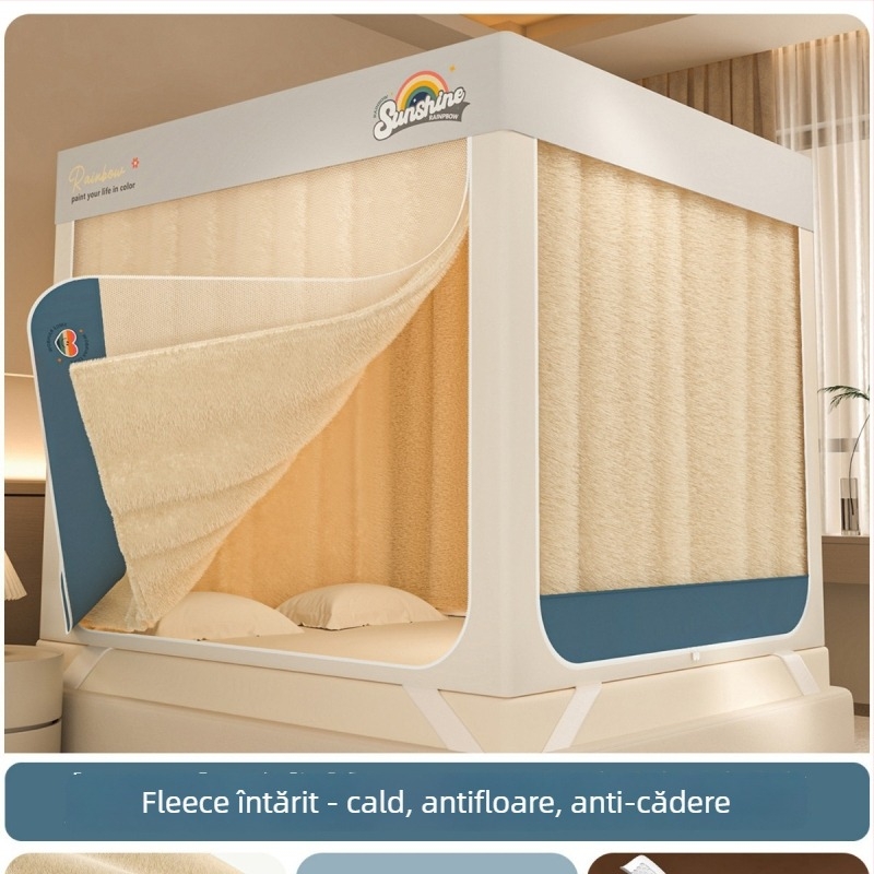 Canopă pentru pat cu plasă anti țânțari, cu trei uși, plasă pătrată cu fermoar, material poliester, cadru din oțel carbon vopsit