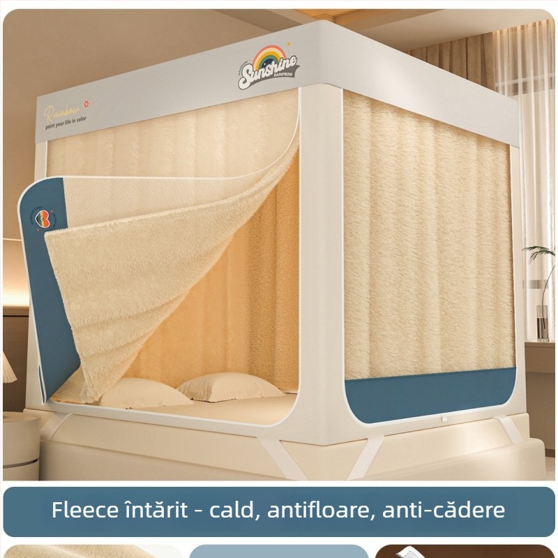 Canopă pentru pat cu plasă anti țânțari, cu trei uși, plasă pătrată cu fermoar, material poliester, cadru din oțel carbon vopsit