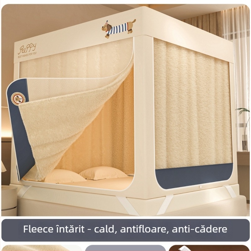 Canopă pentru pat cu plasă anti țânțari, cu trei uși, plasă pătrată cu fermoar, material poliester, cadru din oțel carbon vopsit