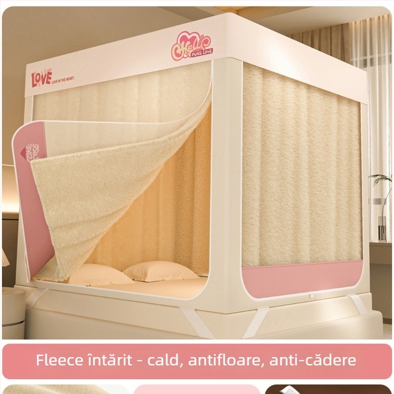 Canopă pentru pat cu plasă anti țânțari, cu trei uși, plasă pătrată cu fermoar, material poliester, cadru din oțel carbon vopsit