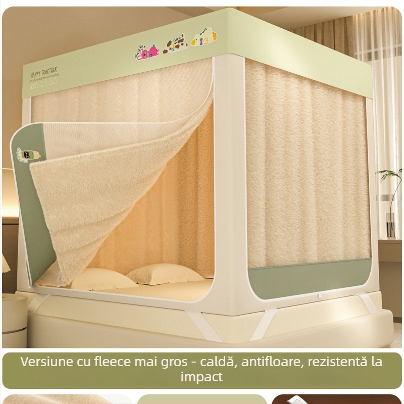Canopă pentru pat cu plasă anti țânțari, cu trei uși, plasă pătrată cu fermoar, material poliester, cadru din oțel carbon vopsit