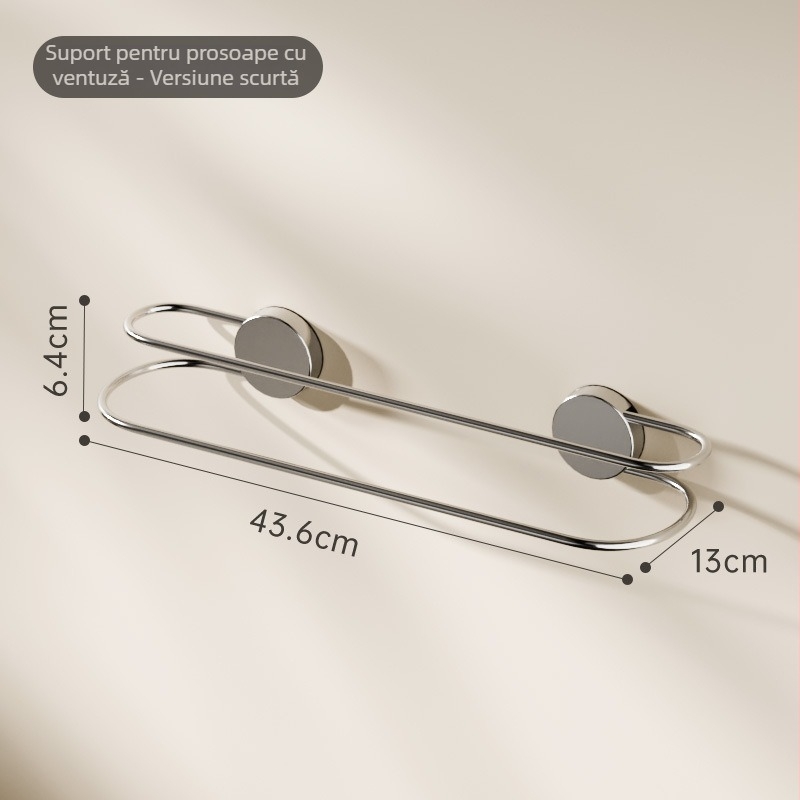 Suport pentru prosoape din oțel inoxidabil cu ventuză, cu două brațe, pentru baie – montaj fără găuri