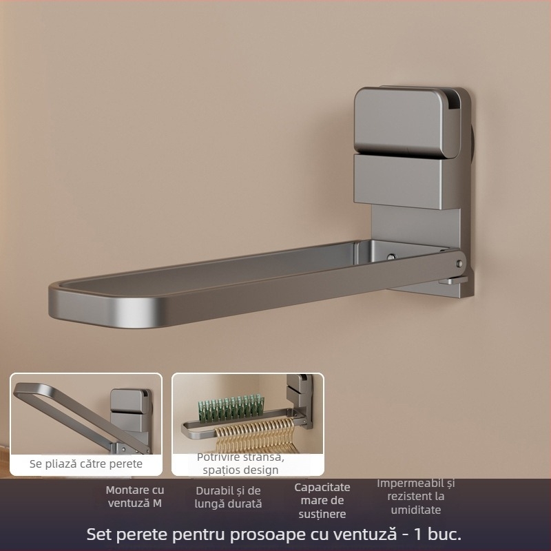 Bară pliabilă pentru prosoape cu ventuze, montaj pe perete, fără găuri, din fier