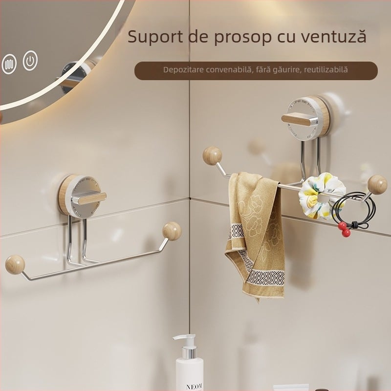Suport de prosoape cu ventuză, fără găuri, oțel inoxidabil, finisaj lemn, baie și bucătărie – Shell Stone