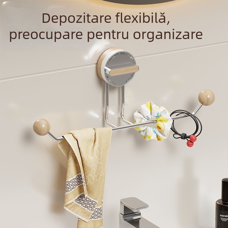 Suport de prosoape cu ventuză, fără găuri, oțel inoxidabil, finisaj lemn, baie și bucătărie – Shell Stone