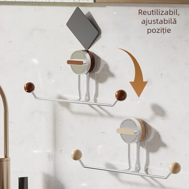 Suport de prosoape cu ventuză, fără găuri, oțel inoxidabil, finisaj lemn, baie și bucătărie – Shell Stone