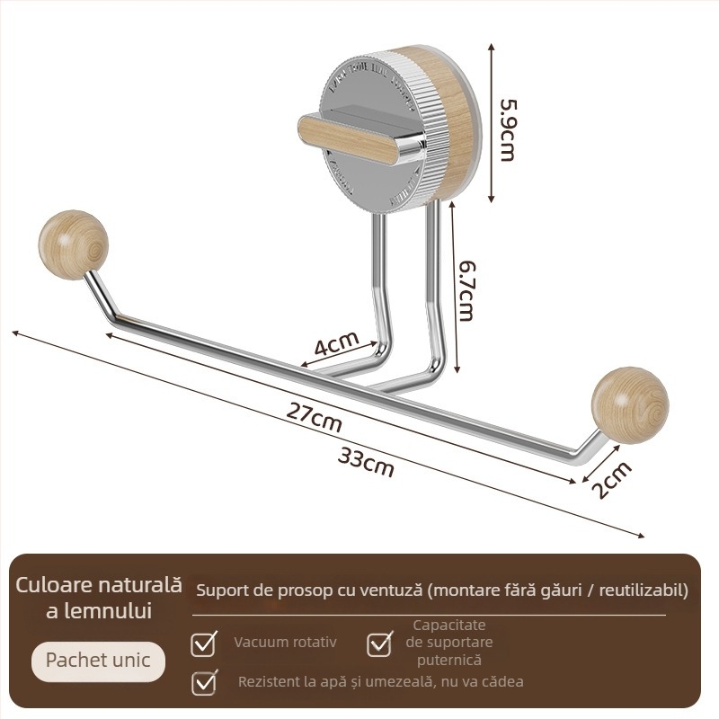 Suport de prosoape cu ventuză, fără găuri, oțel inoxidabil, finisaj lemn, baie și bucătărie – Shell Stone