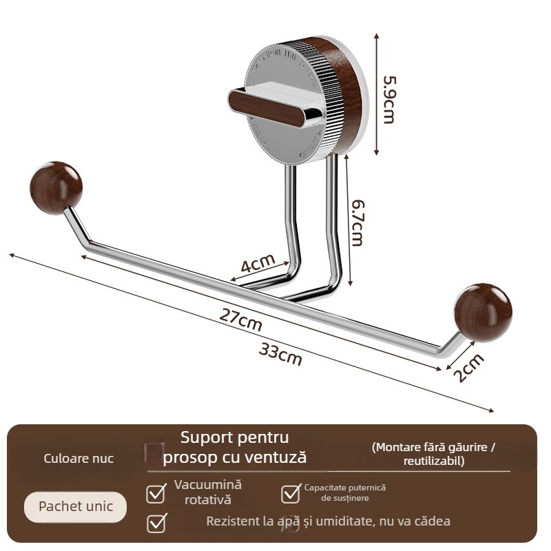 Suport de prosoape cu ventuză, fără găuri, oțel inoxidabil, finisaj lemn, baie și bucătărie – Shell Stone
