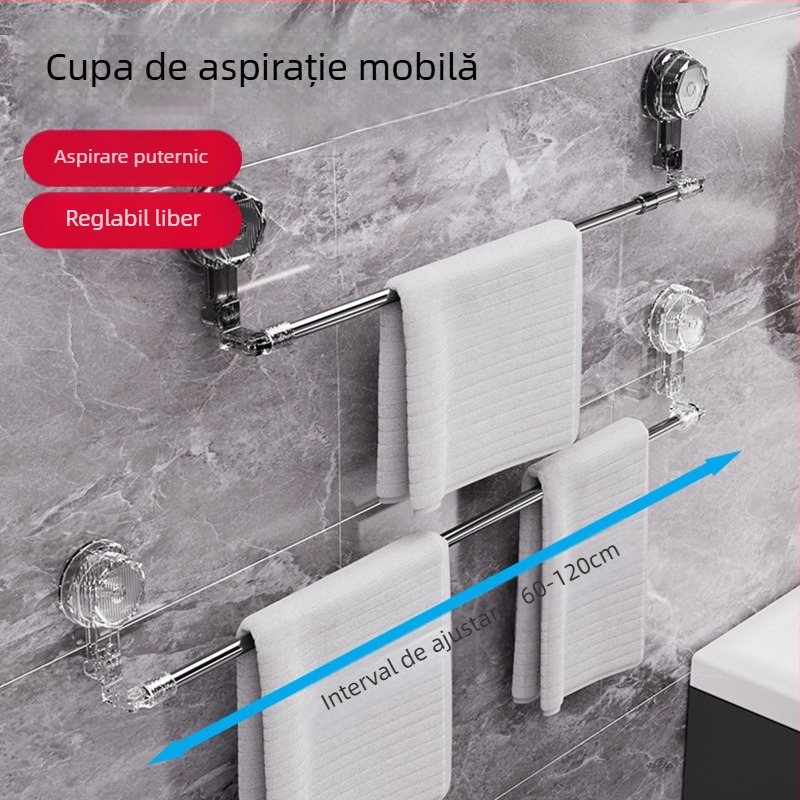 Raft de prosoape cu ventuză pentru baie, din oțel inoxidabil, fără găuri, extensibil