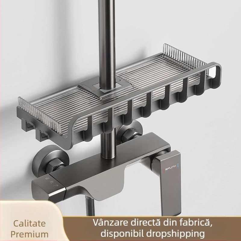 Raft depozitare baie cu bară de duș, din plastic, finisaj electroplating, încărcare 5–10 kg, 1 etaj, stil Light Luxury