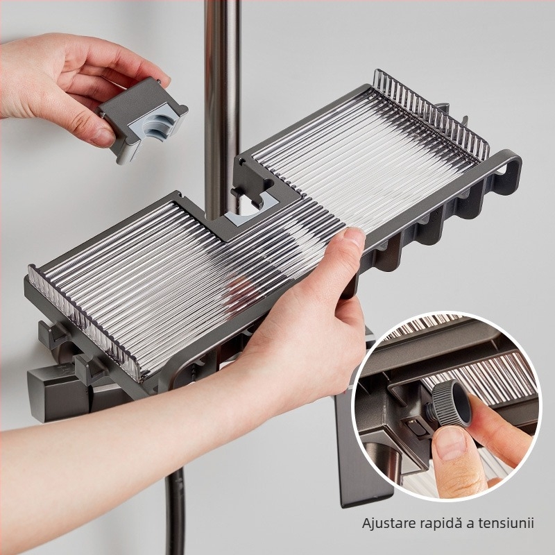 Raft depozitare baie cu bară de duș, din plastic, finisaj electroplating, încărcare 5–10 kg, 1 etaj, stil Light Luxury