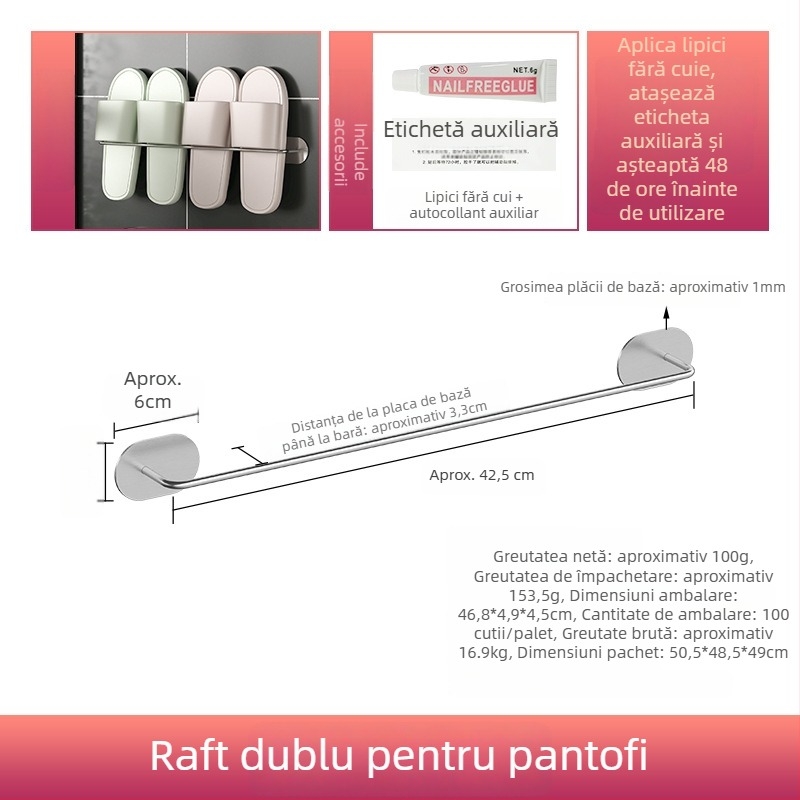 Guangkai Raft pentru papuci din oțel inoxidabil, montat pe perete — montaj fără găuri, organizator baie