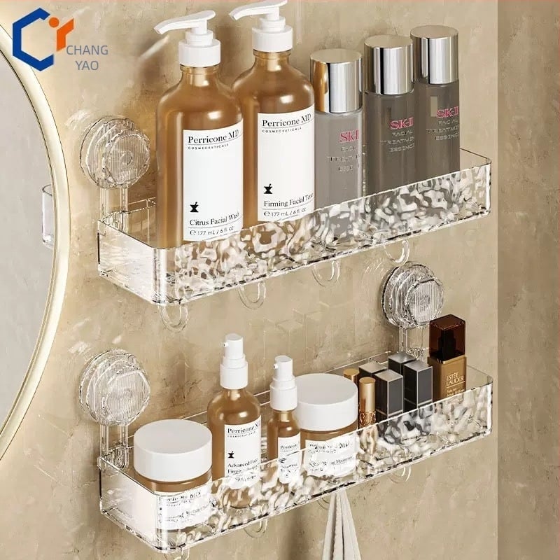 Raft de depozitare pentru baie, montat pe perete, cu ventuză, fără găuri, design ușor luxos cu model în valuri, 1 etaj, suprafață lustruită, încărcare 5–10 kg, Changyao Storage Rack