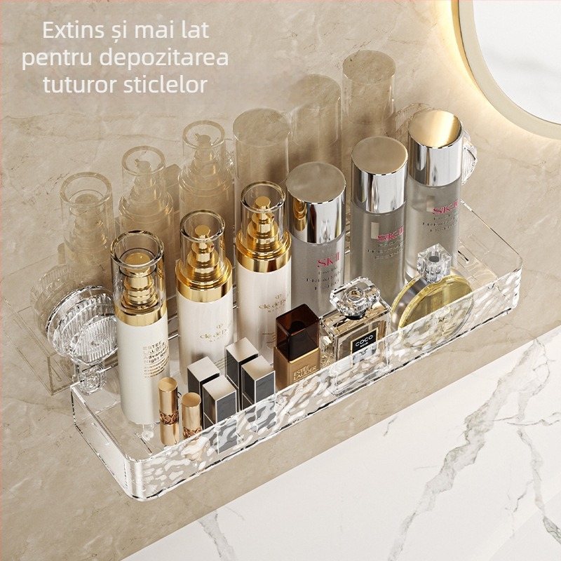 Raft de depozitare pentru baie, montat pe perete, cu ventuză, fără găuri, design ușor luxos cu model în valuri, 1 etaj, suprafață lustruită, încărcare 5–10 kg, Changyao Storage Rack