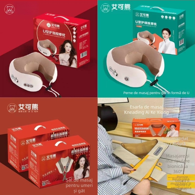 Aike Bear masaj în formă de U pentru gât și umeri, 2 capete de masaj, 3 trepte, control cu cablu, alimentare AC, vibrație