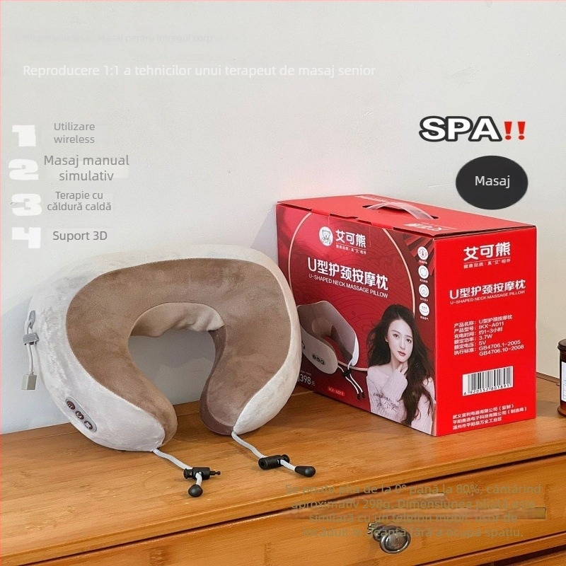 Aike Bear masaj în formă de U pentru gât și umeri, 2 capete de masaj, 3 trepte, control cu cablu, alimentare AC, vibrație