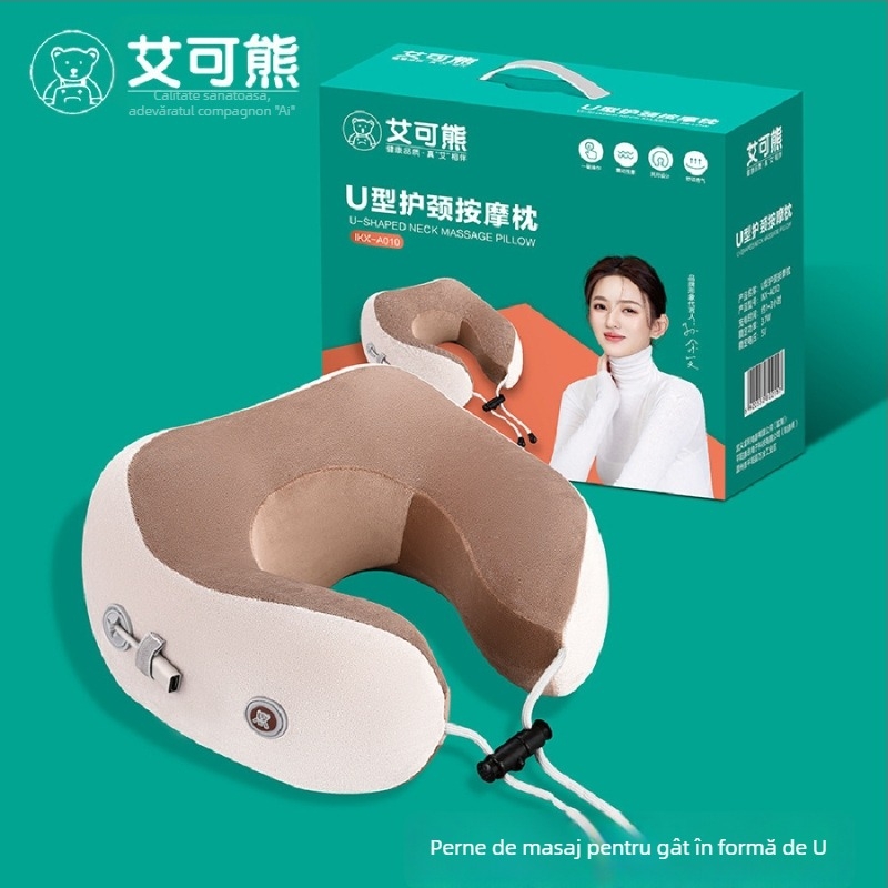 Aike Bear masaj în formă de U pentru gât și umeri, 2 capete de masaj, 3 trepte, control cu cablu, alimentare AC, vibrație