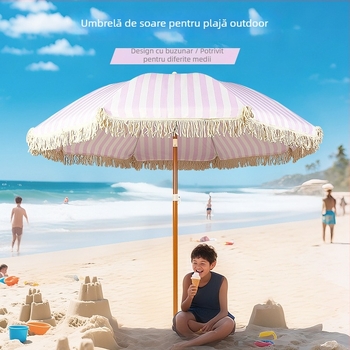 Umbrelă de plajă cu 8 spițe, cadru din fier, țesătură 190T Impact Fabric, cu ciucuri, deschidere și închidere manuală