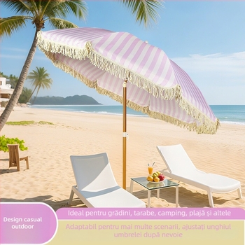 Umbrelă de plajă cu 8 spițe, cadru din fier, țesătură 190T Impact Fabric, cu ciucuri, deschidere și închidere manuală