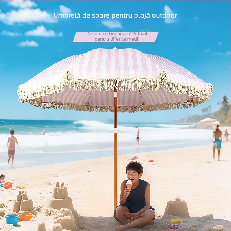 Umbrelă de plajă cu 8 spițe, cadru din fier, țesătură 190T Impact Fabric, cu ciucuri, deschidere și închidere manuală