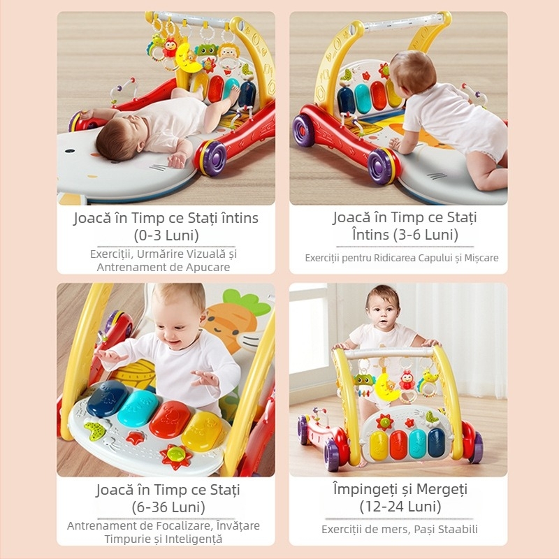 Pășitor pentru bebeluși cu pian pedale – Jucărie muzicală educativă, cu dublă funcție, pentru 0–3 ani, din plastic