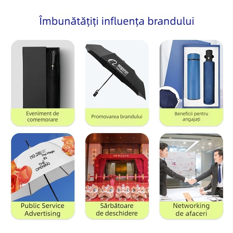 Umbrelă de afaceri automată cu 8 brațe, mâner curbat, schelet din oțel, design în trei secțiuni, pentru soare și ploaie