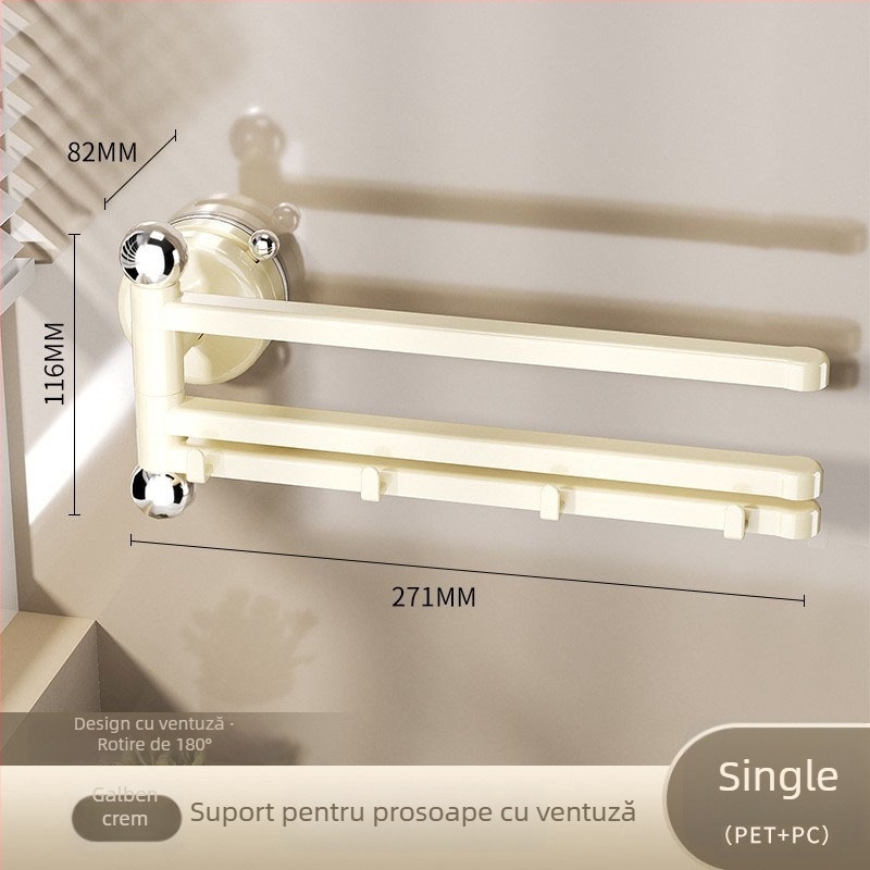 Suport pentru prosoape din plastic, montat pe perete cu ventuză, cu brațe rotative