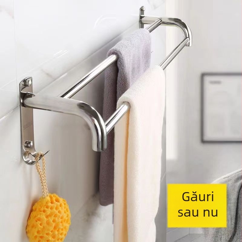 Bară de prosoape din oțel inoxidabil 304 pentru baie, finisaj lustruit, cu cârlig, încărcare 15 kg, un singur rând