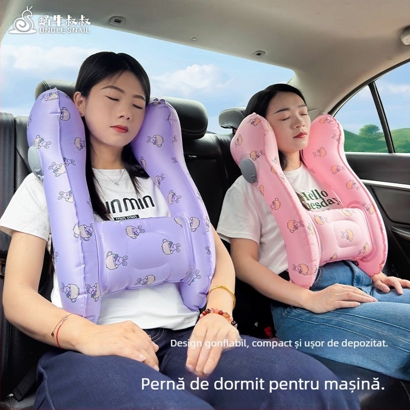 Pernă de cap auto pentru copii - pernă pneumatică portabilă, material TPU, potrivită pentru toate anotimpurile, stil drăguț, potrivire universală