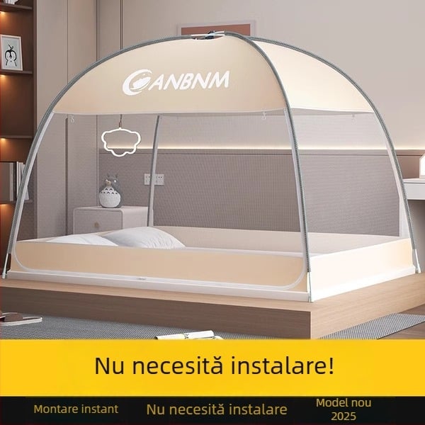 Plasă de țânțari pentru pat, stil mongol yurta, fără montaj, pliabilă, cu ușă dublă, din fibră de sticlă