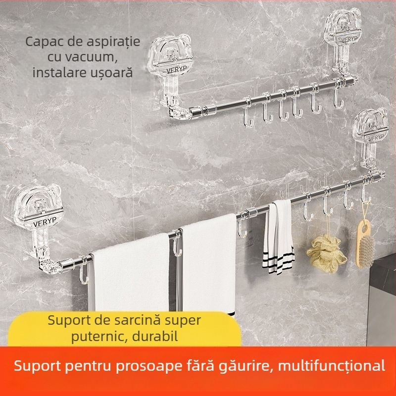 Raft pentru prosoape telescopic cu ventuză pentru baie și bucătărie, montaj fără găuri, materiale: plastic, oțel inoxidabil, ABS