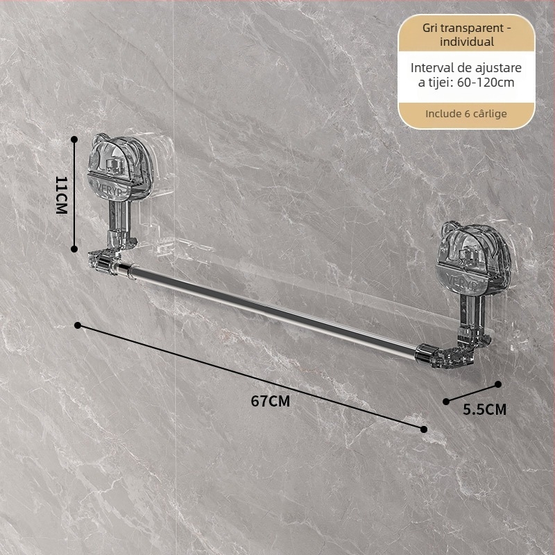 Raft pentru prosoape telescopic cu ventuză pentru baie și bucătărie, montaj fără găuri, materiale: plastic, oțel inoxidabil, ABS