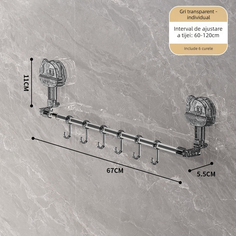 Raft pentru prosoape telescopic cu ventuză pentru baie și bucătărie, montaj fără găuri, materiale: plastic, oțel inoxidabil, ABS