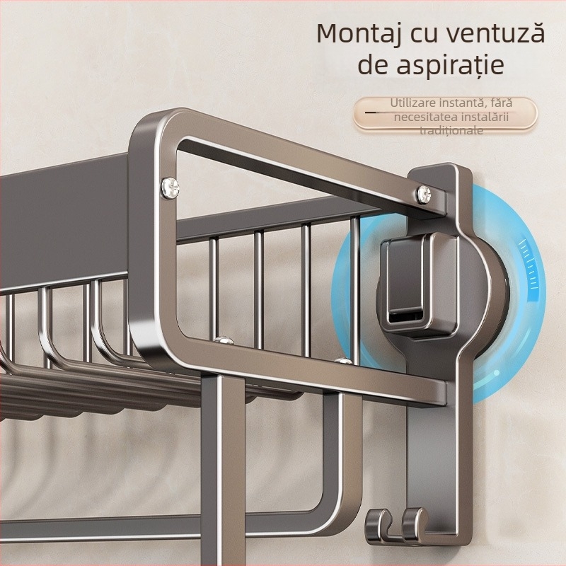 Raft de prosoape fără găuri pentru baie, fixare cu ventuză, aliaj de aluminiu, coș plasă